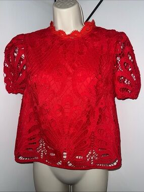 SHEIN Red Lace Crochet Top Size Small Puff Sleeve Scalloped Hem